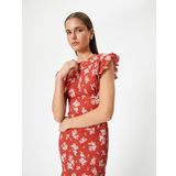 Çiçekli Midi Elbise Belden Oturmalı Yuvarlak Fırfırlı Karpuz Kol Slim Fit Bürümcük