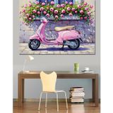 Çiçekli Pencere Önündeki Pembe Vespa Motosiklet Dekoratif Kanvas - Mdf Ahşap Tablo