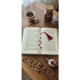 Çiçekli Şeffaf Kitap Ayracı, Kırmızı Püsküllü, El Yapımı, Çiçek Detaylı