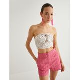 Çiçekli Straplez Büstiyer Crop Fiyonk Detaylı Slim Fit