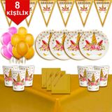 Çiçekli Unicorn 8 Kişilik Doğum Günü Parti Süsleri Malzemeleri Seti