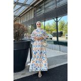 Çiçekli V Yaka Düğme Detaylı Elbise - Mavi - 42