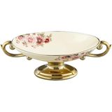 Çiçekli Vintage Tatlı ve Meyve Kasesi, Seramik Ayaklı Sunum Tabağı 29,5 cm - Bej