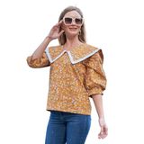 Çiçekli Vintage Yakalı Dantelli Bluz (Hardal, XL)