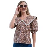 Çiçekli Vintage Yakalı Dantelli Bluz (Kahverengi, M)