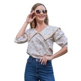 Çiçekli Vintage Yakalı Dantelli Bluz (Krem-Kahve, 2XL)