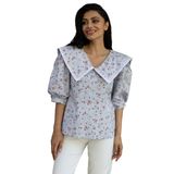 Çiçekli Vintage Yakalı Dantelli Bluz (Mavi, S)