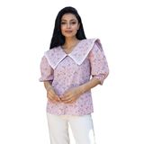 Çiçekli Vintage Yakalı Dantelli Bluz (Pembe, S)