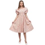Çiçekli Yakalı Poplin Midi Boy Kloş Elbise (Pudra, L)