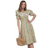 Çiçekli Yakalı Poplin Midi Boy Kloş Elbise (Yeşil, XL)