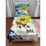 Cici Eko Sünger Bob Yatak Örtüsü Hediye Yastık Kılıfı Sponge Bob İnce Dekoratif Petek Kumaş