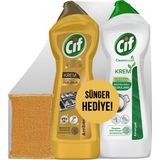 Cif Krem Altın Işıltısı Amber Kokulu 750 ml + Cif Krem Amonyak Yağ Kireç Sökücü 750 ml + Sünger Hediye - 1,5 lt