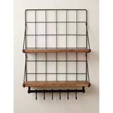 Çift Ahşap Raflı Metal Duvar Rafı 6 Kancalı Mutfak & Banyo Organizer 60+40 Cm