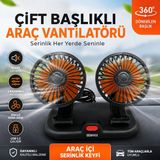 Çift Başlıklı Araç Vantilatörü USB 12V 360° Dönebilen Sessiz Araç Içi Fan 2 Kademeli Hız Ayarlı Oto Soğutucu Vantilatör - Siyah