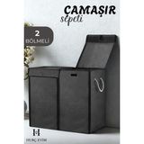 Çift Bölmeli Siyah Çamaşır Sepeti, 100 L, Su Geçirmez, Katlanabilir, Silinebilir - Seçenek 1 - Ahşap