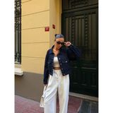 Çift Cep Denim Crop Ceket - Lacivert - S - Standart