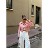 Çift Cep Denim Crop Ceket - Pudra - S - Standart
