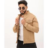Çift Cep Fermuarlı Asit Mavi Hakim Yaka Erkek Casual Kot Ceket - 2XL - Camel