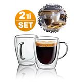 Çift Cidarlı Bardak Cam Kupa 310 Ml Ev Ofis Espresso Kahve Fincanı Borosilikat Kulplu Çay Bardağı El