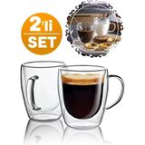 Çift Cidarlı Bardak Cam Kupa 350 ml Espresso Kahve Fincanı Borosilikat Kulplu Çay Bardağı - 2 Adet