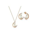 Çift Doğal İncili Küpe Kolye İkili Set (Rose)