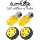 Çift Eksenli Motor 2 Adet ve Tekerlek 2 Adet Sarı Dc Motor Arduino Robotik Motor Tekerlek Deney Okul Bilim Araba Yapım - Standart - 66 mm