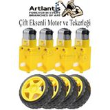 Çift Eksenli Motor 4 Adet ve Tekerlek 4 Adet Sarı Dc Motor Arduino Robotik Motor Tekerlek Deney Okul Bilim Araba Yapım - Standart - 66 mm