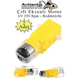 Çift Eksenli Motor Redüktörlü 6V 250 Rpm 2 Adet Sarı Dc Motor Arduino Robotik Motor Deney Okul Bilim Araba Yapım - 6-8 Volt