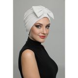 Çift Fiyonklu Krem Hazır Türban Tesettür Havuz Bonesi
