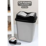 Çift Kapaklı Plastik Çöp Kovası - Ev Ofis Banyo Mutfak Çöp Kovası Gri 30 Litre Gri