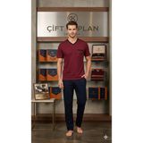Çift Kaplan Erkek Düz V Yaka Kısa Kol Pijama Takımı 8101 - Bordo - 3XL