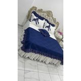 Çift Kişilik 180X200 cm Yatağa Uygun Fırfırlı Etekli Lastikli Çarşaf, Fırfırlı Yastık Kılıfı ve Fırfırlı Pike Setiiçift - Lacivert - Beyaz