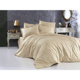 Çift Kişilik Battal %100 Pamuk Saten Lüks Lastikli Çizgili Nevresim Takımı - Bej - 200 x 220 cm
