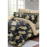 Çift Kişilik Lastikli Çarşaflı Pamuk Saten Flower Nefti Nevresim Takımı - Foster - 220 x 220 cm