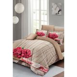 Çift Kişilik Lastikli Çarşaflı Pamuk Saten Pink Flowers Nevresim Takımı - Kahverengi - Standart