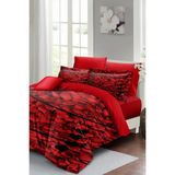 Çift Kişilik Lastikli Çarşaflı Sevgililer Günü % 100 Pamuk Saten Rose Feather Nevresim Takımı - Kırmızı - Standart