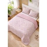 Çift Kişilik Pike Çift Taraflı Kapitone Pike ve Yatak Örtüsü Takımı – 200x230 cm Desenli (Çarşafsız) (Beyaz-Pembe, Çift Kişilik)