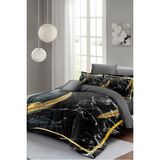 Çift Kişilik Sık Dokuma Pamuk Saten 3D Özel Tasarım Dark Marble Nevresim Takımı - Siyah - Gold - Standart