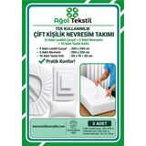Çift Kişilik Tek Kullanımlık Nevresim Takımı 5’li Set | Lastikli Çarşaf + Yorgan Kılıfı + Yastık Kılıfı - Beyaz - 200 x 240 cm