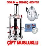 Çift Musluklu Odunlu Kömürlü Paslanmaz Semaver Kendinden Demlikli Semaver Semaver 5 Lt Demlik 1 Lt