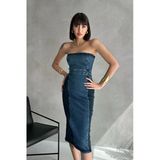 Çift Renkli Kısa Yırtmaçlı Diz Altı Denim Elbise