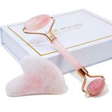 Çift Taraflı Cilt Masaj Aleti Rose Quartz Roller & Gua Sha Set Kutusu ve kesesi ile