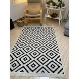 Çift Taraflı Kilim Modern Desenli Yıkanabilir Pamuklu Dokuma Kilim Yolluk (Siyah - Beyaz)