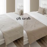 Çift Taraflı Krem / Toprak Yatak Runner & Iç Dolgulu Kırlent Seti Çift Kişilik Püsküllü - Krem Rengi - 70 x 240 cm