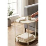 Çift Tepsili Katlanır Orta Yan Yuvarlak Sehpa Metal Ayak - Modern Sehpa 50cm 44 Cm Tepsi Deri Kulplu Krem