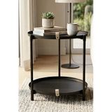 Çift Tepsili Katlanır Orta Yan Yuvarlak Sehpa Metal Ayak - Modern Sehpa 50cm 44 Cm Tepsi Deri Kulplu Mat Siyah