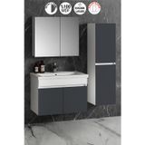 Çiğdem 80+35 cm Beyaz-Füme Balon MDF Seramik Lavabolu Sepetli Asma Banyo Dolabı Takımı