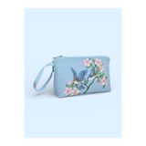 CIGDEMCALISKAN Blue Serenity Makyaj Çantası & Clutch | Kuş Çiçek Nakışlı, Pamuk Astarlı