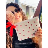 CIGDEMCALISKAN Full Of Love Kalpler Nakışlı Kadife Clutch - Makyaj Çantası - Ekru