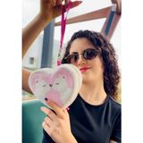 CIGDEMCALISKAN Give Me A Kiss Öpüşen Hayvancıklar Nakışlı Kadife Kalp Makyaj Çantası - Pembe